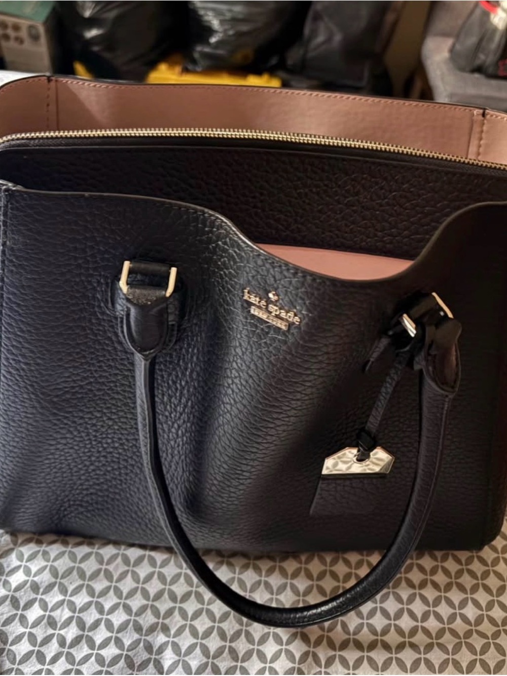 kate spade Black Pebbled Leather Tote with Pink Interior